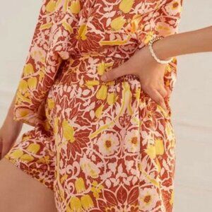 Anthropologie Dreamy Lounge Printed Floral Smocked Orange Shorts XL
